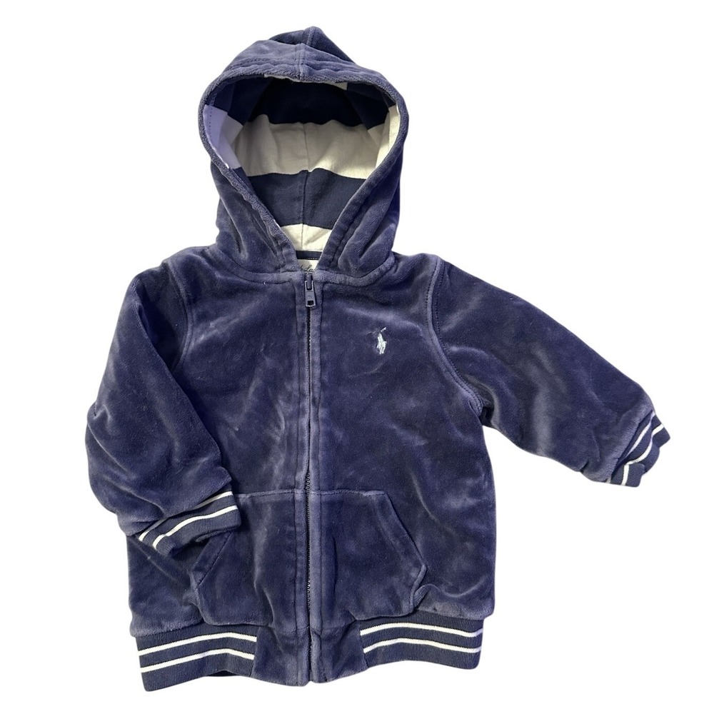 Ralph Lauren Baby Velour Hoodie Jacket Blue 9M Zip Up Cozy Classic Pony Logo
